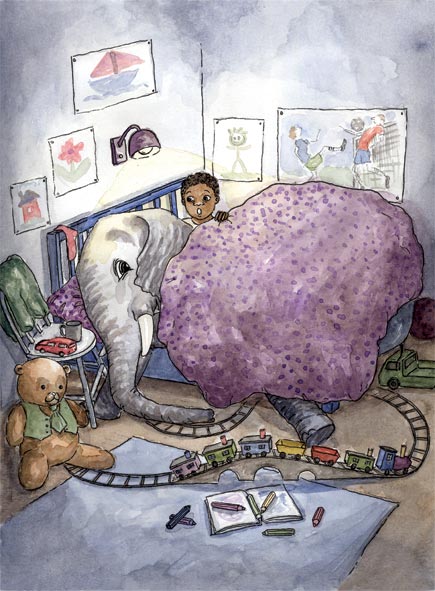 Elefanten och Martin sover i samma säng. Illustration till barnboken Elefanten i spegeln. Författare: Cletus Nelson Nwadike. Utgiven på Faun förlag. Teknik: akvarell och tusch.