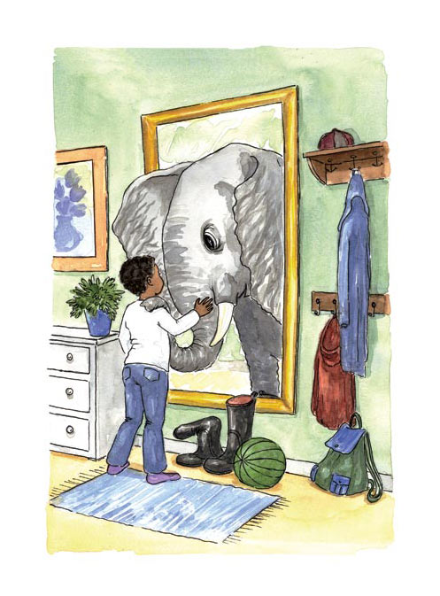 Martin träffar Elefanten första gången.Illustration till barnboken Elefanten i spegeln. Författare: Cletus Nelson Nwadike. Utgiven på Faun förlag. Teknik: akvarell och tusch.